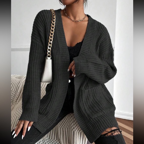 Sweaters - Cozy dark gray knit open front sweater cardigan